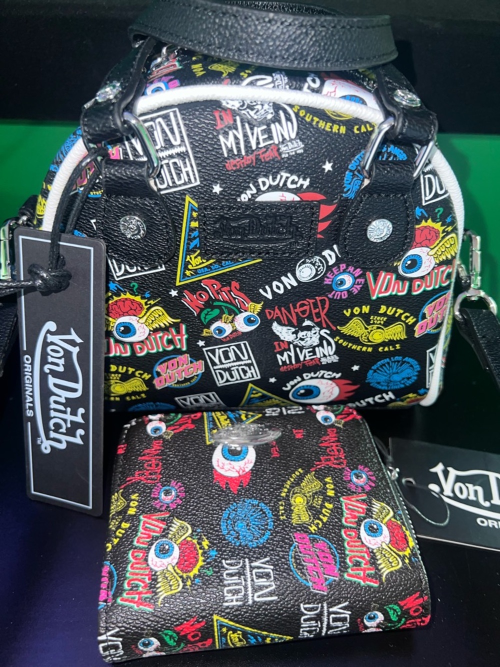 Von Dutch Jax Bowling bag and wallet Black Multi-Color Logo Print Satchel NWT